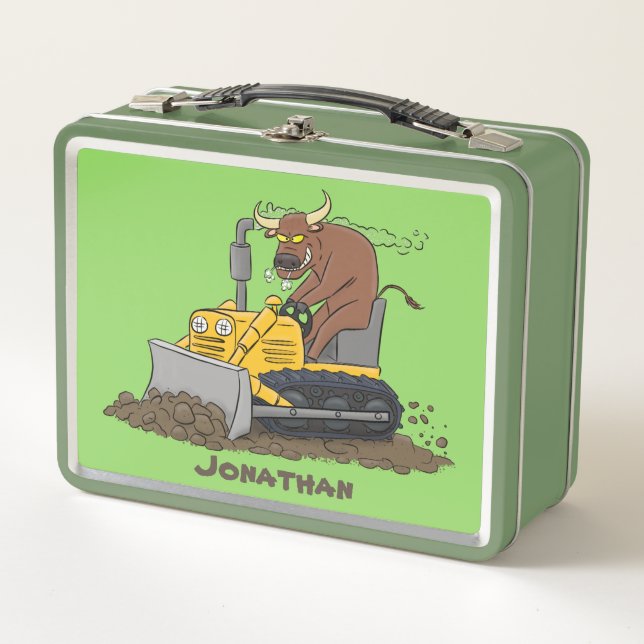 Funny Bulldozer Driving Cartoon Metall Brotdose (Vorderseite)