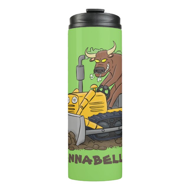 Funny Bulldozer Driving Cartoon Thermosbecher (Vorderseite)