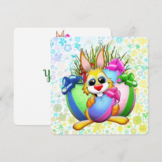 Funny Bunny biting an Easter Egg Dankeskarte (Vorne/Hinten)