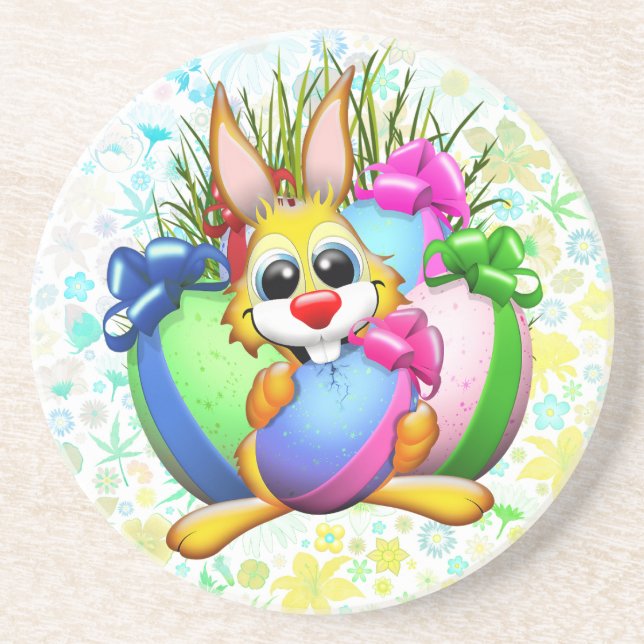 Funny Bunny biting an Easter Egg Getränkeuntersetzer (Vorne)