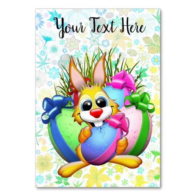 Funny Bunny biting an Easter Egg Tischnummer (Vorderseite)