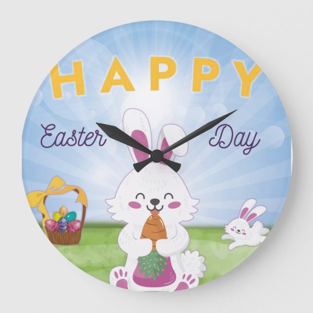 Funny Bunny Happy Easter Day Große Wanduhr (Vorderseite)