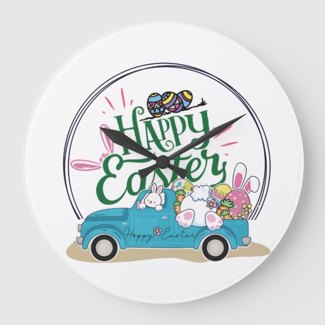 Funny Bunny Happy Easter Day Große Wanduhr (Vorderseite)