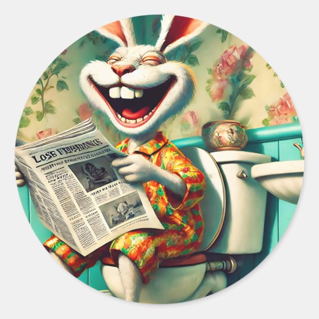 Funny Bunny on Toilet Bad Art Runder Aufkleber (Vorderseite)