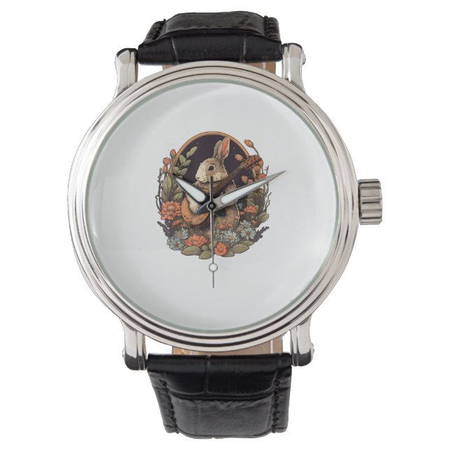 Funny Bunny Playing Banjo Gitarre Musik Rabbit Hap Armbanduhr (Vorderseite)