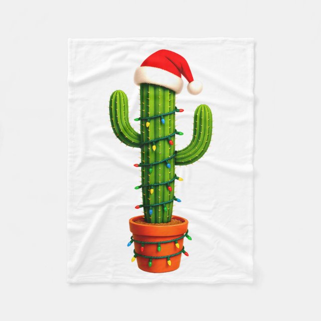 Funny Cactus Santa Hat Xmas Tree Lights Merry Chri Fleecedecke (Vorderseite)