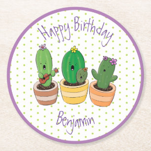 Funny Cactus trio Cartoon Illustration Runder Pappuntersetzer
