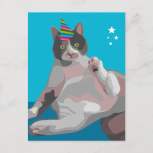 Funny Calico Cat in Birthday Party Hat Einladungspostkarte