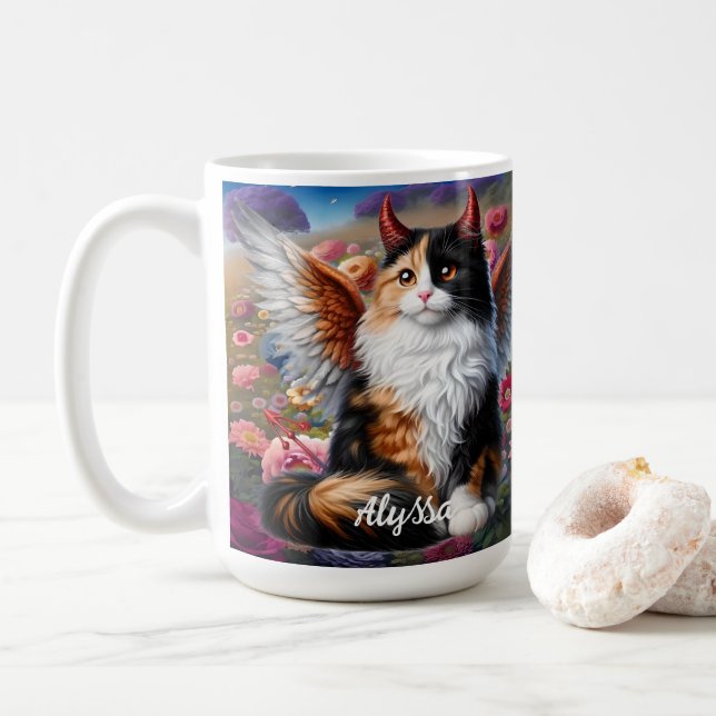 Funny Calico Demon und Angel Cat Kaffeetasse (Mit Donut)