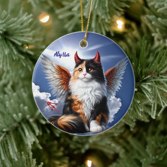 Funny Calico Demon und Angel Cat Keramik Ornament (Baum)