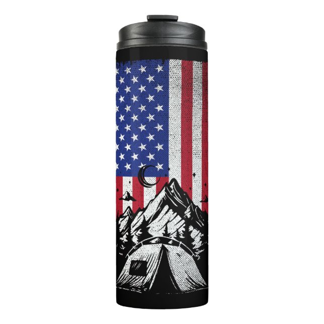 Funny Camping Wandern über Amerikanische Flagge Thermosbecher (Vorderseite)