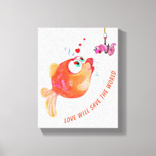 Funny Canvas Print mit Fisch und Wurm - Malerei Leinwanddruck