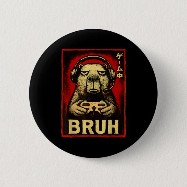 Funny Capybara Gamer Bruh Graphic Tee Men Boys Tee Button (Vorderseite)