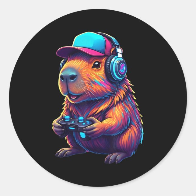 Funny Capybara Gamer Gaming Video Games Capybara  Runder Aufkleber (Vorderseite)