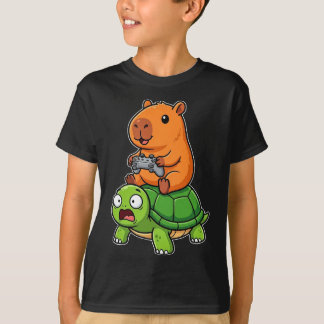 Funny Capybara Gamer Riding Shocked Turtle Video  T-Shirt