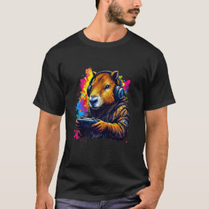 Funny Capybara T-Shirt Gamepad Kopfhörer Videospie