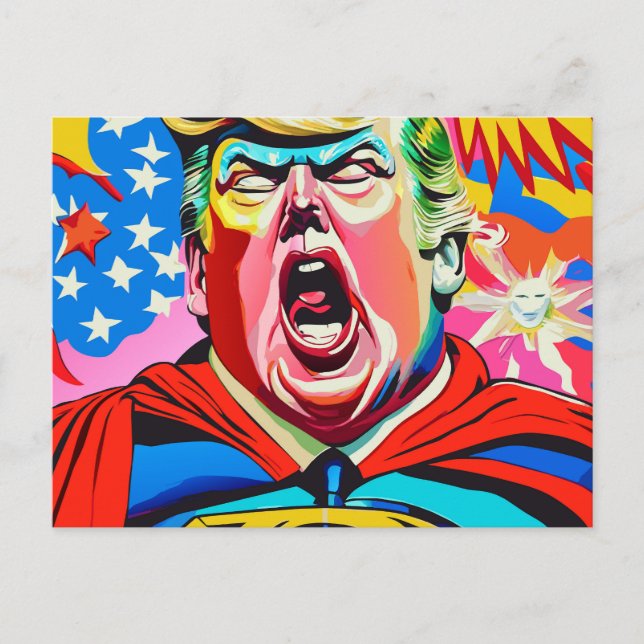 Funny Caricature Superhero Donald Trump Portrait Postkarte (Vorderseite)