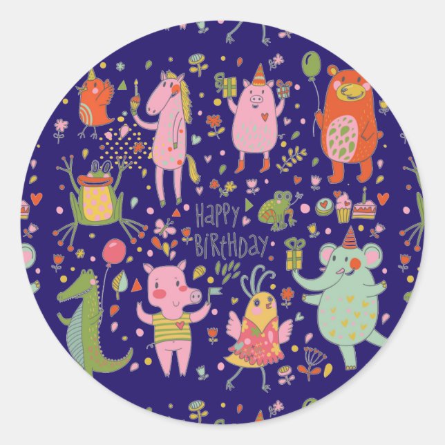 Funny Cartoon Animals Sing Happy Birthday Runder Aufkleber (Vorderseite)