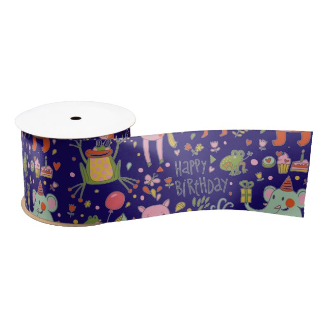 Funny Cartoon Animals Sing Happy Birthday Satinband (Spule)