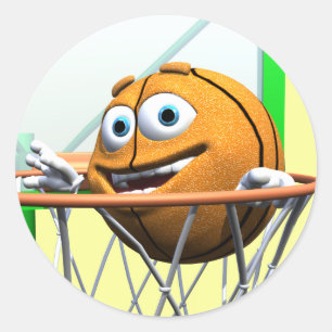 Funny Cartoon Basketball in einem Hoop Runder Aufkleber