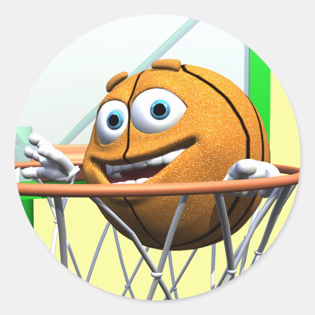 Funny Cartoon Basketball in einem Hoop Runder Aufkleber (Vorderseite)