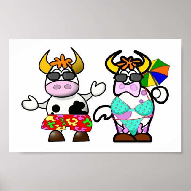 Funny Cartoon Beach Cow Couple Poster (Vorne)