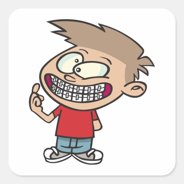Funny Cartoon Boy mit Braces Smile Quadratischer Aufkleber (Vorderseite)