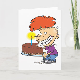 Funny Cartoon Boy with Chocolate Birthday Cake Karte