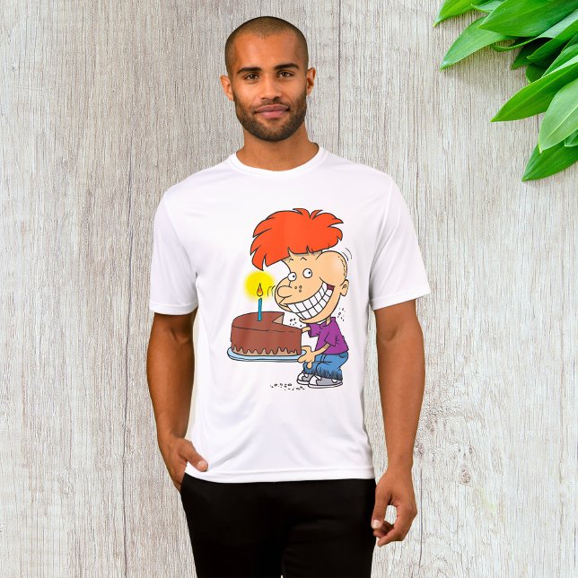 Funny Cartoon Boy with Chocolate Birthday Cake T-Shirt (Von Creator hochgeladen)
