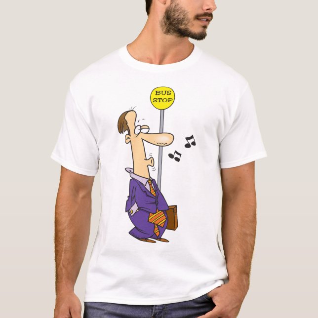 Funny Cartoon BusinessMann an Bushaltestelle T-Shirt (Vorderseite)