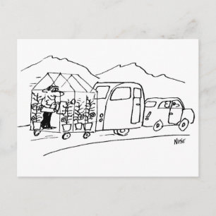 Funny Cartoon Car Towing Caravan und Greenhouse Postkarte