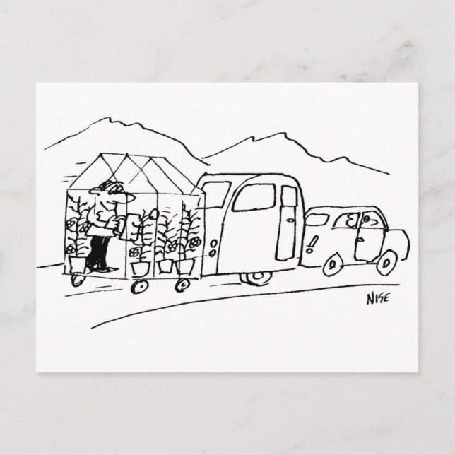Funny Cartoon Car Towing Caravan und Greenhouse Postkarte (Vorderseite)