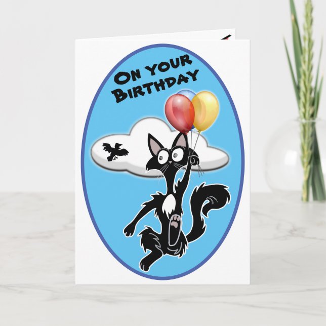 Funny Cartoon Cat fliegt in blauem Himmel Geburtst Karte (Vorderseite)