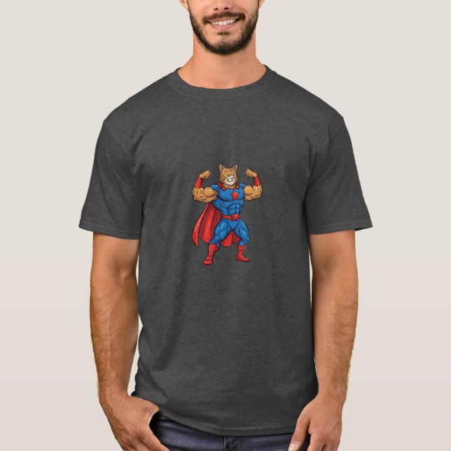 Funny Cartoon Cat SuperHero T-Shirt (Vorderseite)