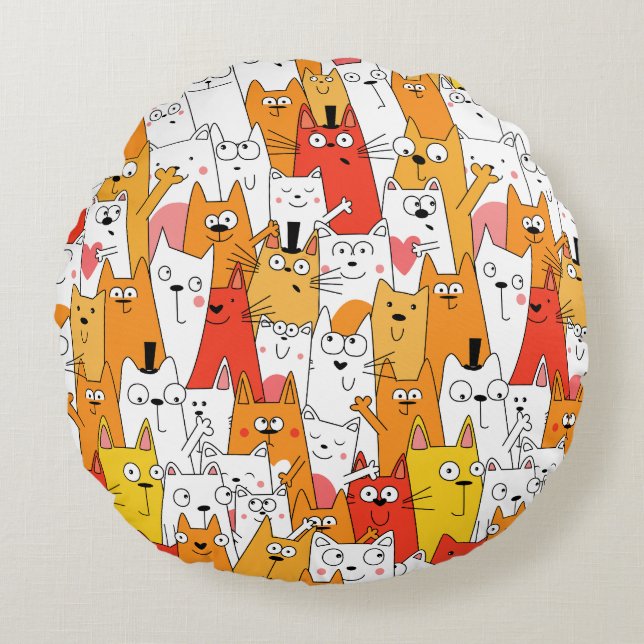 Funny Cartoon Cats Group Doodle Rundes Kissen (Vorderseite)