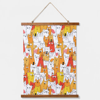 Funny Cartoon Cats Group Doodle Wandteppich Mit Holzrahmen