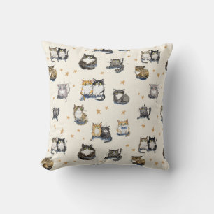 Funny Cartoon Cats & stars on Creme, Cat gemustert Kissen