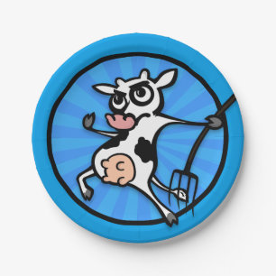 FUNNY CARTOON COW MIT PITCH FORK PAPIERPLATTE PAPPTELLER
