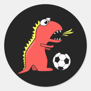 Funny Cartoon Dinosaur Fußballschwarz spielen Runder Aufkleber