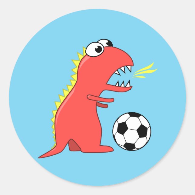 Funny Cartoon Dinosaur Fußballspielen Runder Aufkleber (Vorderseite)