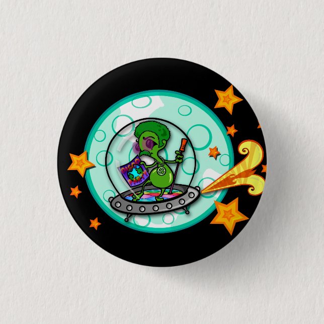FUNNY CARTOON DISCO ALIEN ROUND BUTTON (Vorderseite)