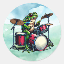 Funny Cartoon Frog spielt Trommeln Runder Aufkleber