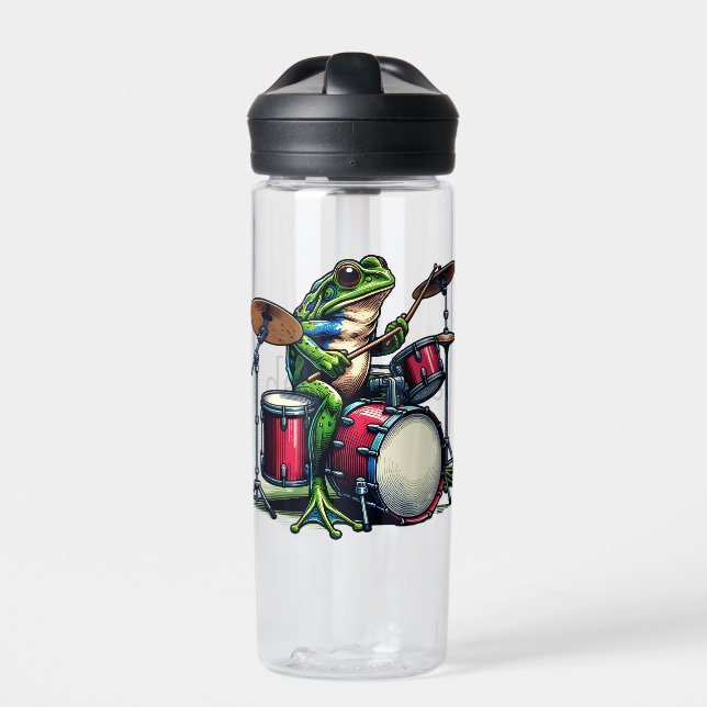 Funny Cartoon Frog spielt Trommeln Trinkflasche (Vorderseite)