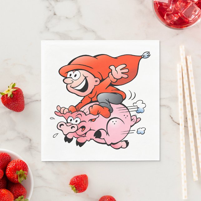 Funny Cartoon Gnome Riding Flying Pig Serviette (Von Creator hochgeladen)