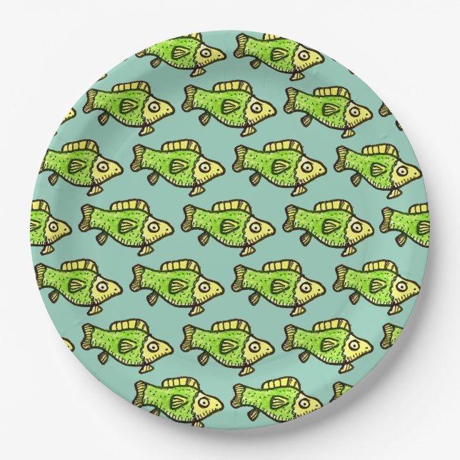 Funny Cartoon Green Fish Drawing Pappteller (Vorderseite)