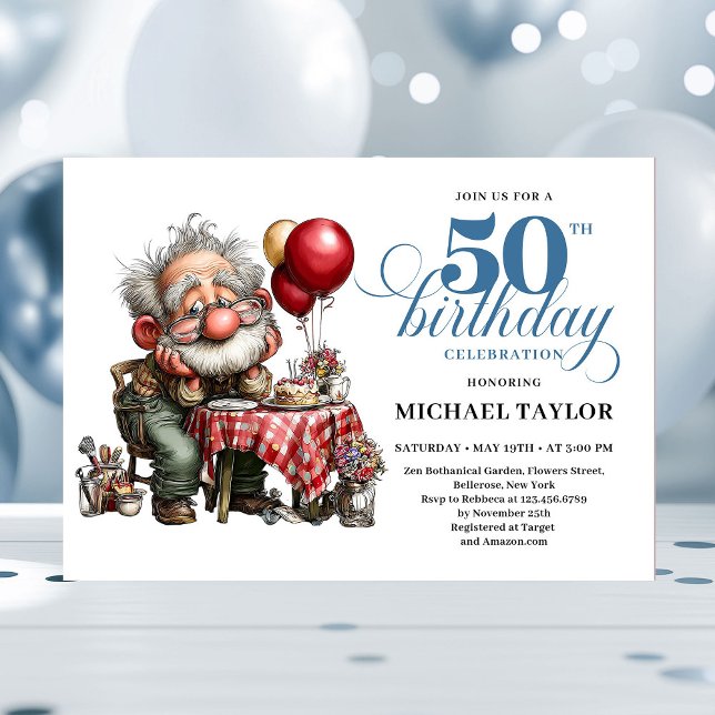 Funny Cartoon Man 50th Party Milestone Invite Einladung (Funny Cartoon Man 50th Party Milestone Invite)