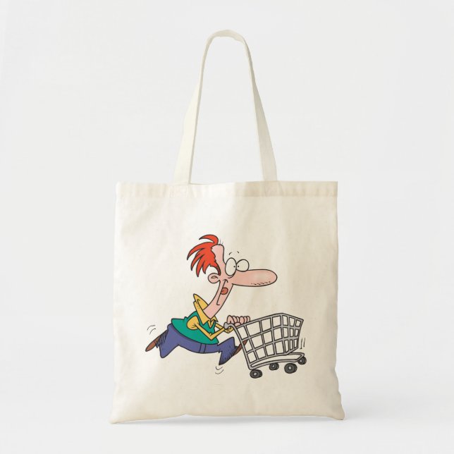 Funny Cartoon Man Running With Shopping Cart Tragetasche (Vorne)