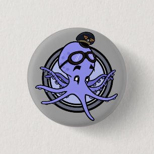 FUNNY CARTOON OCTOPUS PILOT RUNDE BUTTON-RÜCKKOPF BUTTON