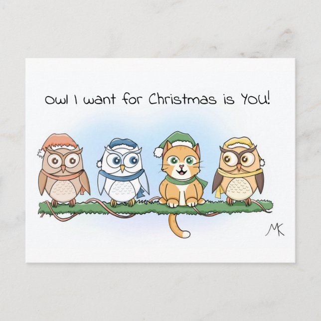 Funny Cartoon Owl Ich wollte zu Weihnachten (Vorderseite)