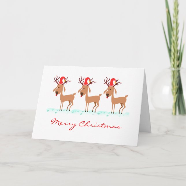 Funny Cartoon Reindeer Dei Weihnachtsmannmütze Karte (Vorderseite)